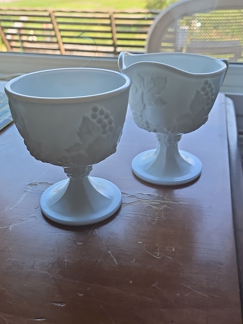 Indiana Harvest Grape Milk Glass Pedestal Creamer and Sugar Set